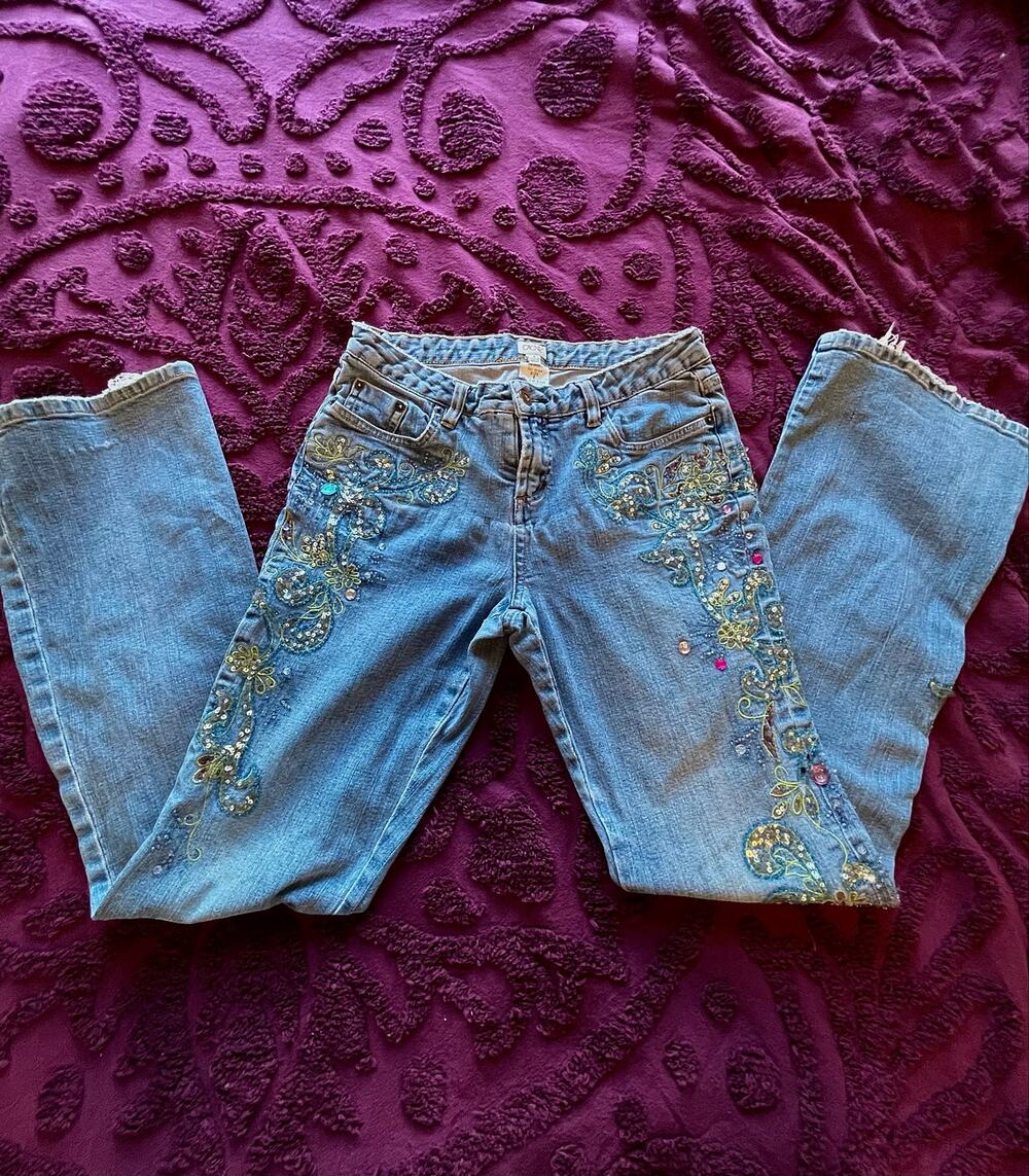 cache embroidered and beaded fairy core y2k flare jeans